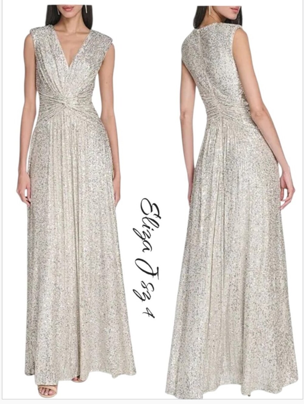 Eliza J Silver Sequin Twist Waist V-Neck Sleeveless Formal Maxi Gown Dress 4